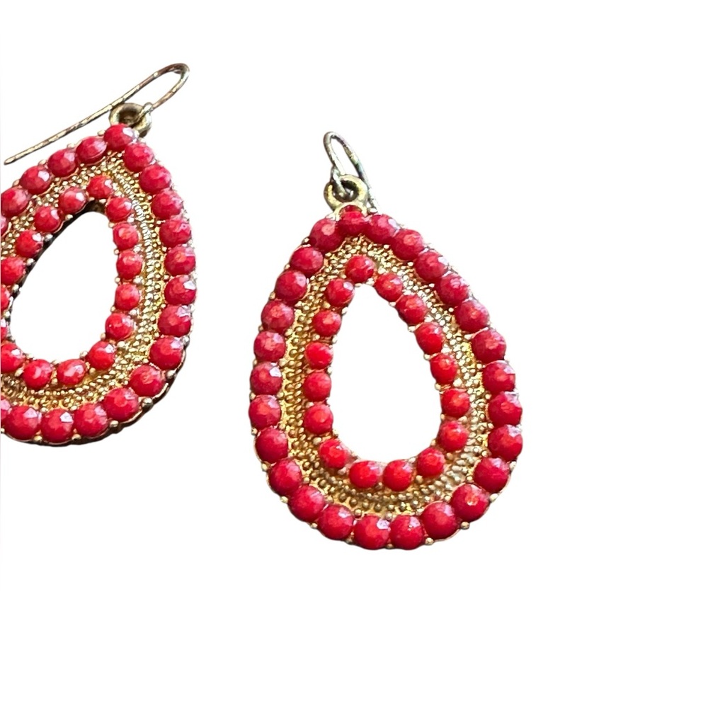 Vintage Inspired Red Beaded and Gold Hollow Teardrop Drop Earrings - Picture 3 of 6